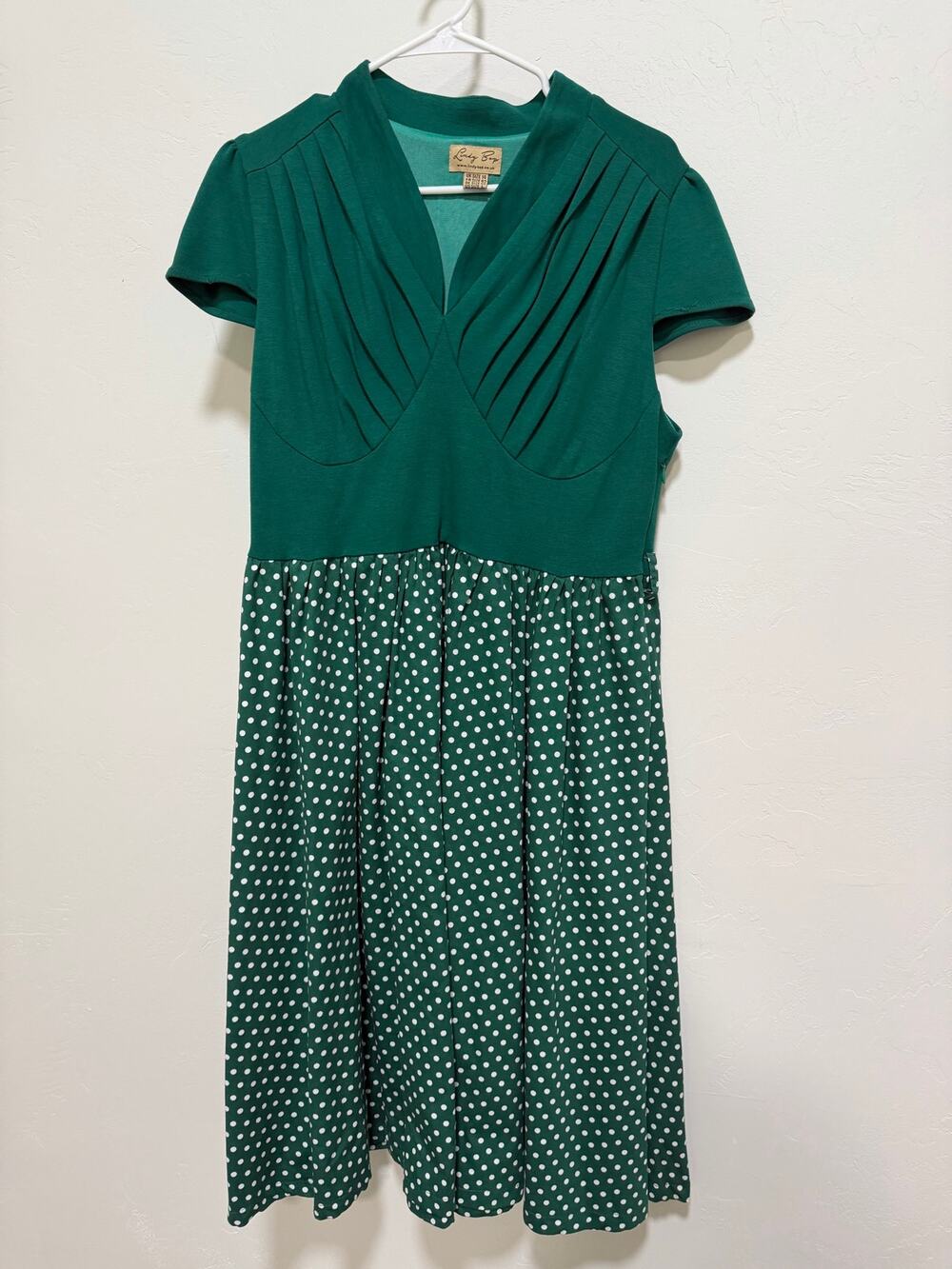 Vintage Lindy Bop Green Polka Dot Pleated Swing Dress Size 12